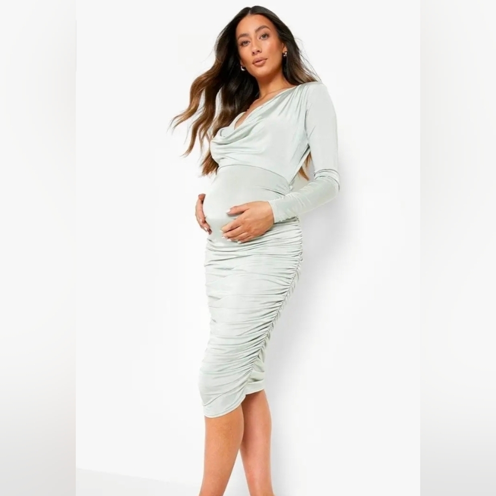 Boohoo Maternity Cowl Front Long Sleeve Bodycon Dress - Sage
